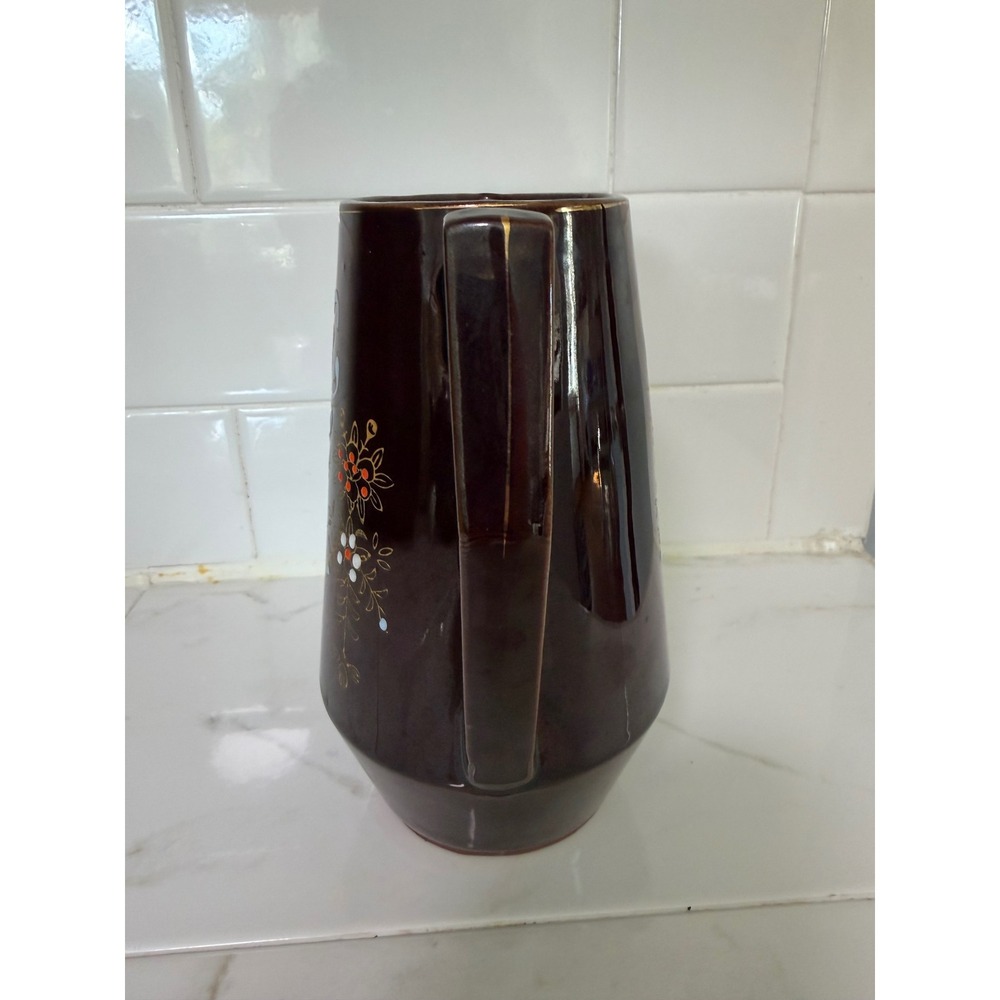 Vintage PAC Japan Ceramic Moriage Pitcher Brown Glaze Hand Painted Folk Art 7in - Picture 2 of 8